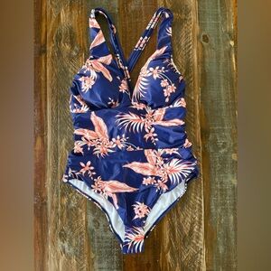 NWT YOU DI AN Women’s XL Navy Floral Print Shirred One Piece Swimsuit | SKU 0318